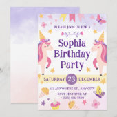 Girls Cute Purple Unicorn Kids 1th Birthday 招待状 (正面/裏面)