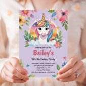 Girls Cute Purple Unicorn Kids Birthday 招待状