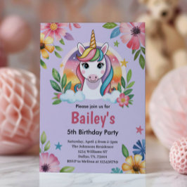 Girls Cute Purple Unicorn Kids Birthday 招待状