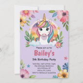 Girls Cute Purple Unicorn Kids Birthday 招待状 (正面)