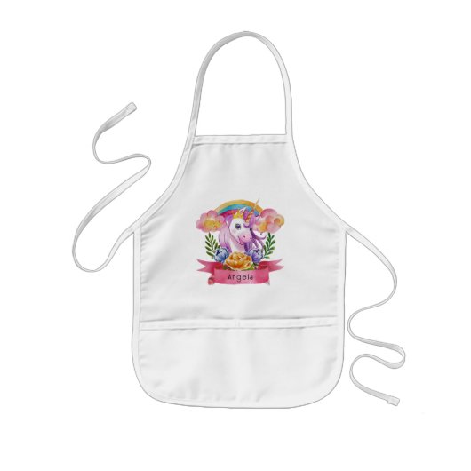 Girls Cute Purple Unicorn Rainbow Custom Name      子供用エプロン (正面)