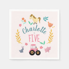 Girls Cute Rustic Pink Farm Animals Kids Birthday スタンダードカクテルナプキン