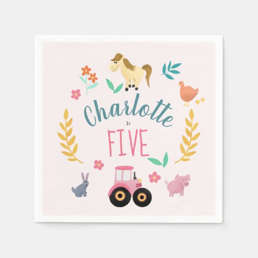 Girls Cute Rustic Pink Farm Animals Kids Birthday スタンダードカクテルナプキン (正面)