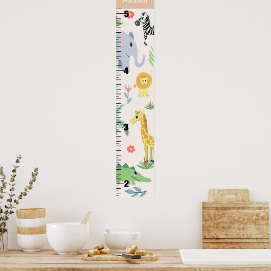 Girls Cute Safari Animals Elephant Growth Chart ポスター (キッチン)