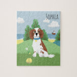 Girls Cute Springer Spaniel Dog Cartoon Kids ジグソーパズル<br><div class="desc">This cute and modern kids puzzle design features an adorable springer spaniel dog cartoon,  with an ocean and beach,  hills and blue sky,  and can be personalized with your girls name. The perfect cute and whimsical gift for any spaniel lover!</div>