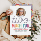 Girls Cute Two Much Fun Rainbow Photo 2nd Birthday 招待状