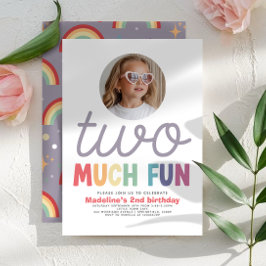 Girls Cute Two Much Fun Rainbow Photo 2nd Birthday 招待状