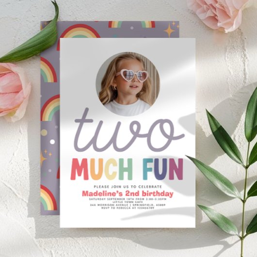 Girls Cute Two Much Fun Rainbow Photo 2nd Birthday 招待状