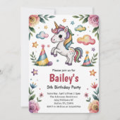Girls Cute Unicorn Kids Birthday 招待状 (正面)