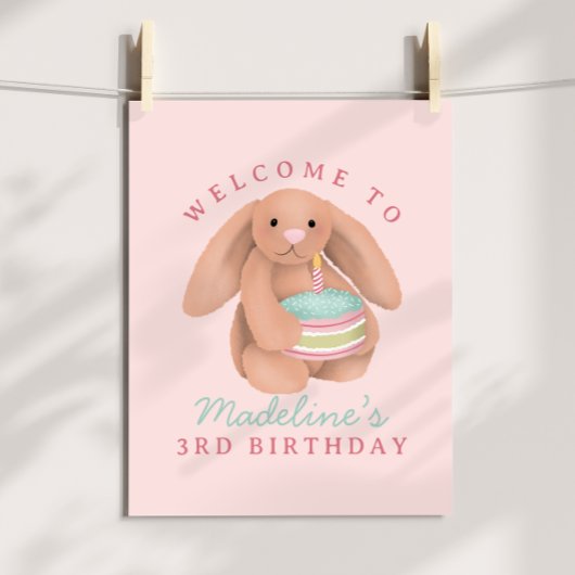 Girls Cute Woodland Bunny Birthday Welcome Poster ポスター