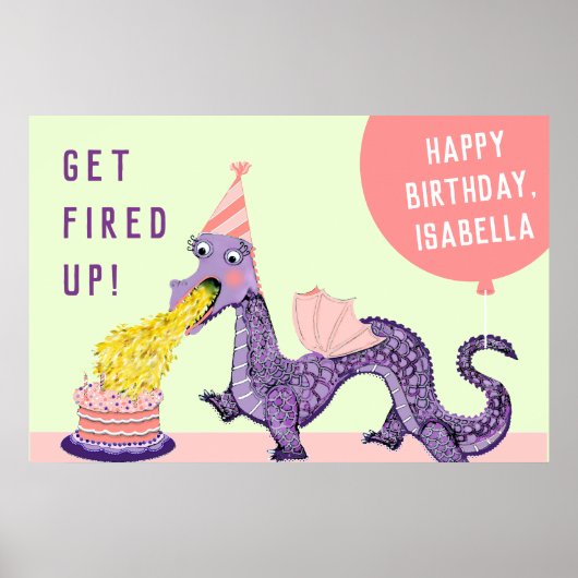 Girl's Dragon Birthday Party Invitations ポスター (正面)
