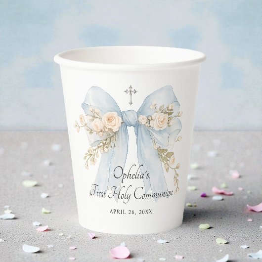 Girl's Dusty Blue First Communion Floral Bow 紙コップ