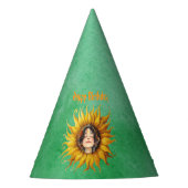 Girls Face in Big Yellow Sunflower Birthday Green パーティーハット (正面)