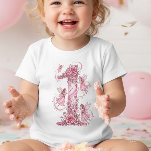 Girls Fairy First Pink 1st Birthday Outfit ベビーTシャツ