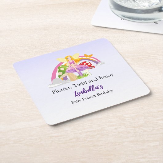 Girls Fairy Mushroom Rainbow Birthday  スクエアペーパーコースター (アングル)