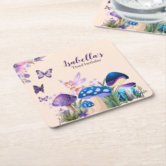 Girls Fairy Purple Mushroom Butterfly Birthday スクエアペーパーコースター (アングル)