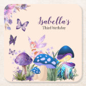 Girls Fairy Purple Mushroom Butterfly Birthday スクエアペーパーコースター (正面)
