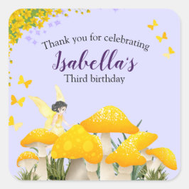 Girls Fairy Yellow Mushroom Butterfly Birthday スクエアシール