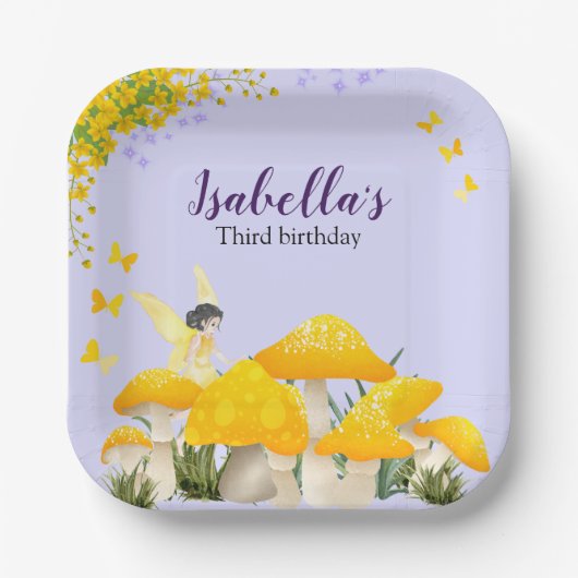 Girls Fairy Yellow Mushroom Butterfly Birthday ペーパープレート (正面)
