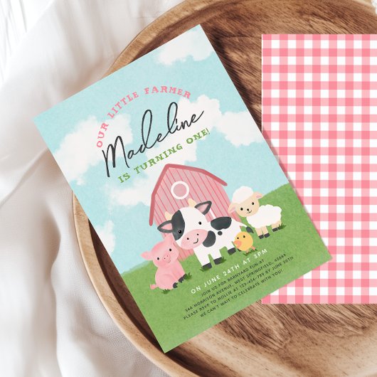 Girls Farm Animal Barnyard Birthday Invitation 招待状