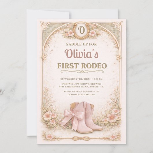 Girl's First 1st Rodeo Pink Bow Birthday 招待状 (正面)