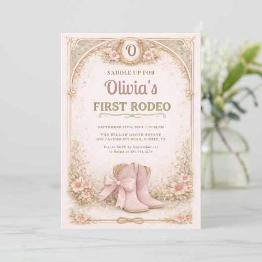 Girl's First 1st Rodeo Pink Bow Birthday 招待状 (スタンド正面)