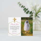 Girls First Communion金ゴールドCross Photo Thank You ポストカード (スタンド正面)