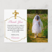 Girls First Communion金ゴールドCross Photo Thank You ポストカード (正面)