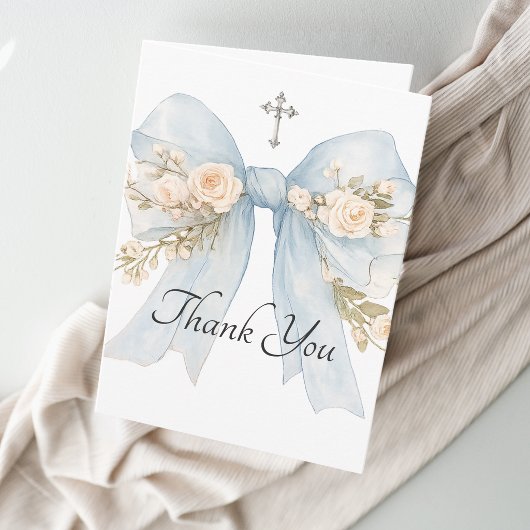 Girl's First Communion Blue Floral Bow Thank You サンキューカード