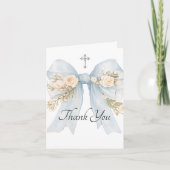 Girl's First Communion Blue Floral Bow Thank You サンキューカード (正面)