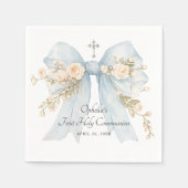 Girl's First Communion Dusty Blue Floral Bow スタンダードカクテルナプキン (正面)
