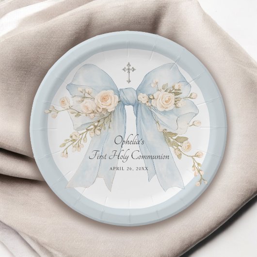 Girl's First Communion Dusty Blue Floral Bow ペーパープレート