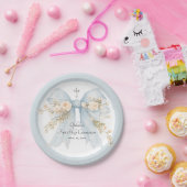 Girl's First Communion Dusty Blue Floral Bow ペーパープレート (パーティー)