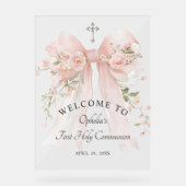 Girl's First Communion Floral Pink Bow アクリルサイン (正面)