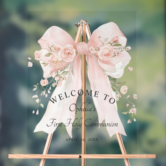 Girl's First Communion Floral Pink Bow アクリルサイン (ニュートラル)