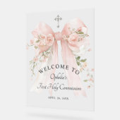 Girl's First Communion Floral Pink Bow アクリルサイン (傾斜)