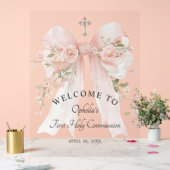 Girl's First Communion Floral Pink Bow アクリルサイン (ウェディング)