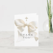 Girl's First Communion Neutral Ivory Bow Thank You サンキューカード (正面)