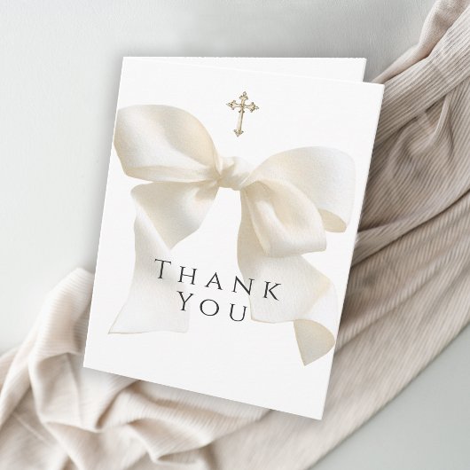Girl's First Communion Neutral Ivory Bow Thank You サンキューカード