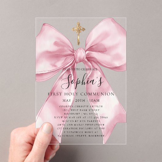 Girl's First Communion Pink Bow Acrylic Invitation アクリル招待状 (インサイチュ (ポータブル))