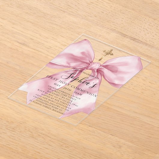 Girl's First Communion Pink Bow Acrylic Invitation アクリル招待状 (レイダウン)