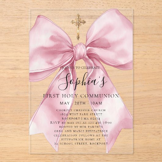 Girl's First Communion Pink Bow Acrylic Invitation アクリル招待状 (正面)