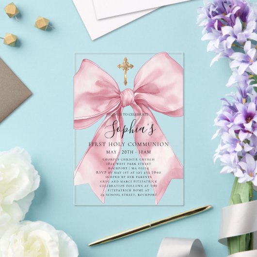 Girl's First Communion Pink Bow Acrylic Invitation アクリル招待状 (インサイチュ (ウェディング))