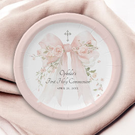 Girl's First Communion Pink Bow Floral ペーパープレート