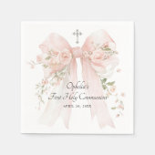 Girl's First Communion Pink Floral Bow スタンダードカクテルナプキン (正面)