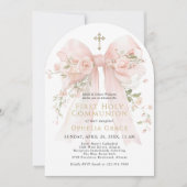 Girl's First Communion Pink Floral Bow Arched 招待状 (正面)