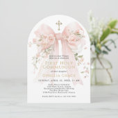 Girl's First Communion Pink Floral Bow Arched 招待状 (スタンド正面)