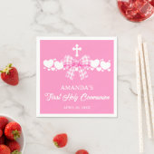 Girl's First Communion Pink Gingham Bow スタンダードカクテルナプキン (インサイチュ)