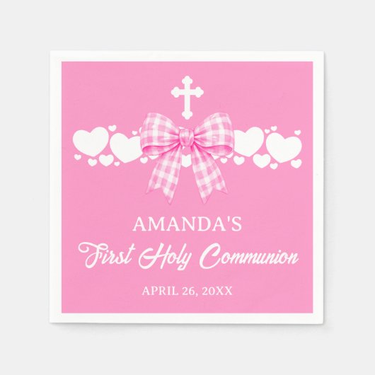 Girl's First Communion Pink Gingham Bow スタンダードカクテルナプキン (正面)