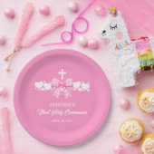 Girl's First Communion Pink Gingham Bow ペーパープレート (パーティー)